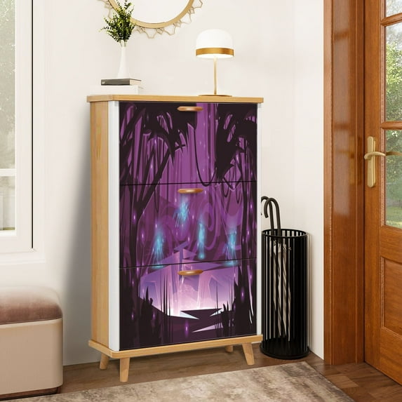 Shoe Storage Cabinet with 3 Flip Drawers for Entryway Magic forest wolves mystery silhouettes river mystical purple light Shoe Rack Storage Organizer