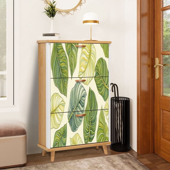 Shoe Storage Cabinet with 3 Flip Drawers for Entryway Tropical Green Floral Botanical Palm Leaf Patterns Textures Shades Shoe Rack Storage Organizer