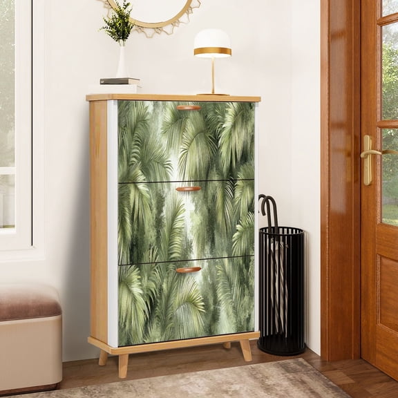 Shoe Storage Cabinet with 3 Flip Drawers for Entryway&nbsp;Tropical Palm Rainforest Leaves Jungle Green Palm Leaves Greenery Shoe Rack Storage Organizer