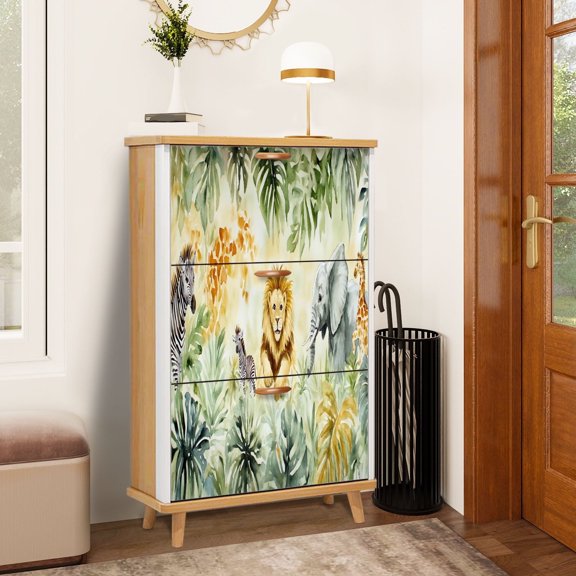 Shoe Storage Cabinet with 3 Flip Drawers for Entryway Watercolor Jungle Animal Forest Elephant Lion Monkey Giraffe Zebra Shoe Rack Storage Organizer
