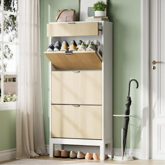 Shoe Storage Cabinet with 3 Flip Drawers, Farmhouse Fluted Shoe Organizer with Metal Legs, Freestanding Hidden Slim Narrow Shoe Rack for Entryway, Foyer, Hallway