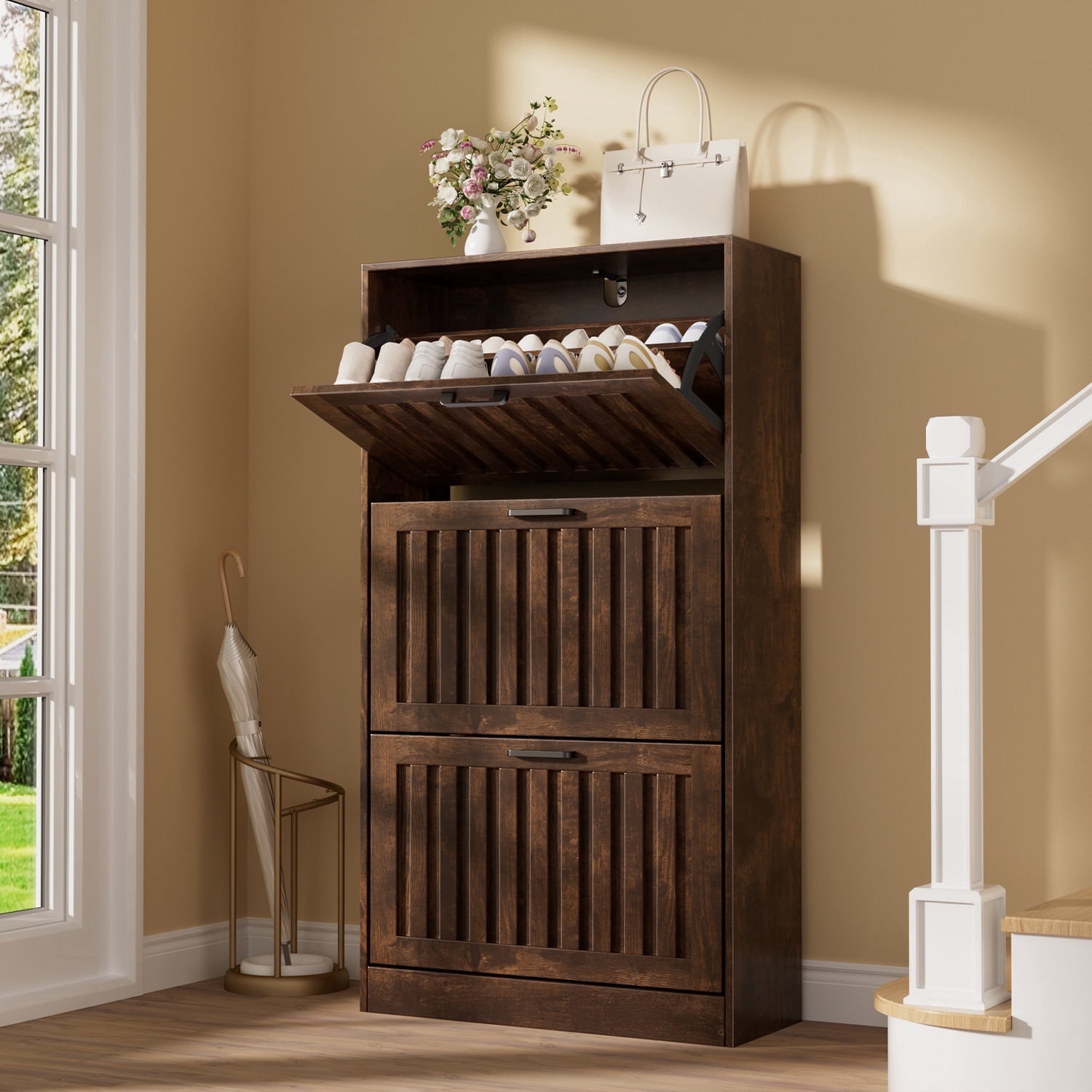 Shoe Storage Cabinet with 3 Flip Drawers, Modern Freestanding Organizer with Adjustable Shelf,Freestanding Shoe Storage Cabinet for Entryway Hallway.Walnut