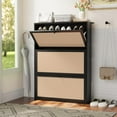 thumbnail image 1 of Shoe Storage Cabinet with 3 Flip Drawers, Narrow Wood Shoes Cabinet with Linen Doors Drawer, Freestanding Shoe Organizer Slim Shoe Cabinet Storage Shoe Rack for Entryway Hallway (Black), 1 of 15