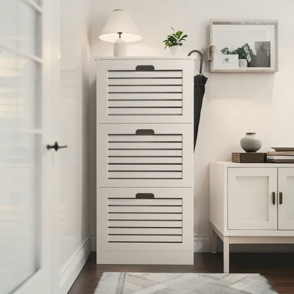 Shoe Storage Cabinet with 3 Flip Drawers, Wooden Shoe Cabinet for Entryway, Slim Free Standing Shoe Rack for Entryway, Hallway, Living Room, Bedroom (White)