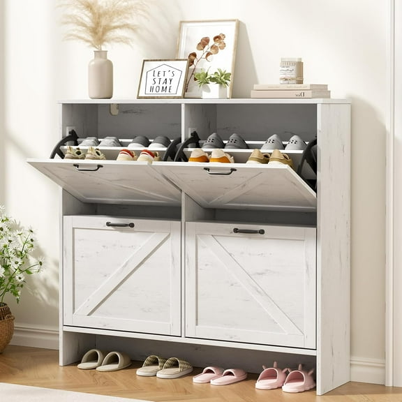 Shoe Storage Cabinet with 4 Flip Drawers, Farmhouse Narrow Slim Shoes Cabinet, Hidden Shoe Rack Organizer Cabinets for Entryway, Hallway, Foyer, Living Room (4 Drawers, Antique White)