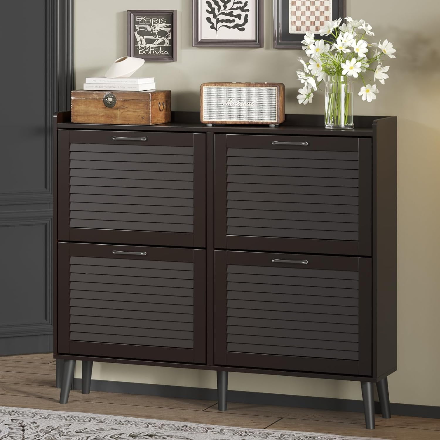 Shoe Storage with 4 Flip Louvered Doors, Freestanding Organizer