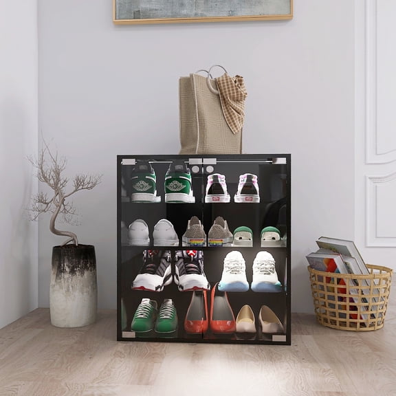 Shoe Storage Cabinet, 4-Layer Shoe Rack Organizer With LED Light For Sneakers Display, Shoe Storage Box With Adjustable Shelves And Glass Door For Entryway