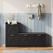 Shoe Storage Cabinet with Bench, 4 Flip-Drawer Entryway Shoe Organizer with Adjustable Left/Right ,Cushioned Seat & Removable Shelves, Narrow Hallway Storage for 35-40 Pairs, Black