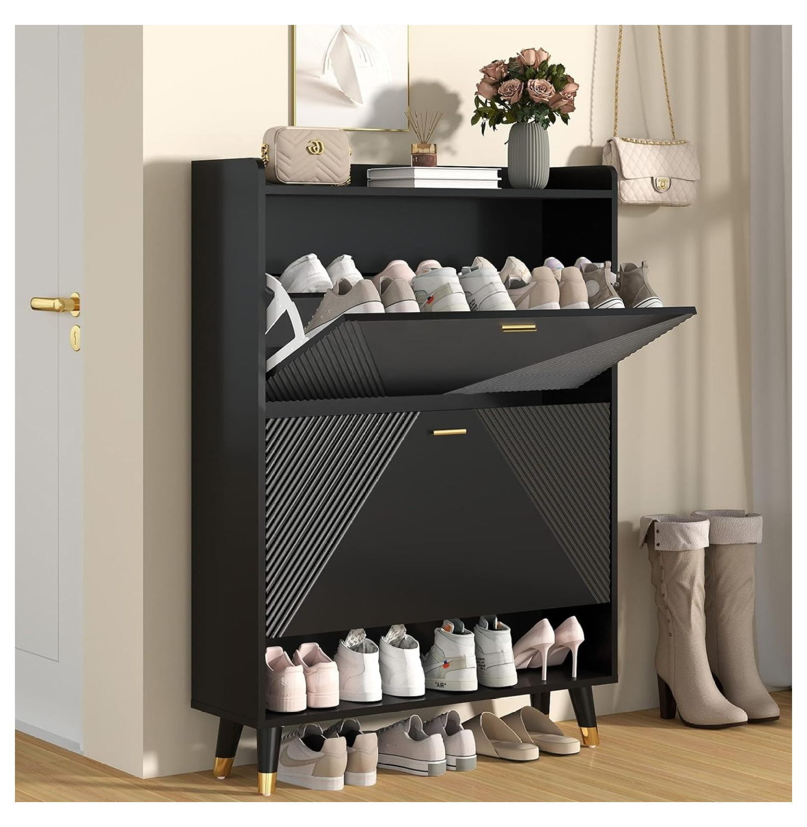 Shoe Storage Cabinet Black, Entryway Shoe Organizer Cabinet Wooden, Hidden Shoe Rack Cabinet ...