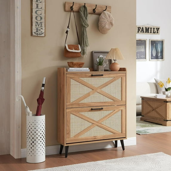Shoe Storage Cabinet, Boho Shoe Organizer with 2 Flip Drawers & Rattan Design,Farmhouse Freestanding Hidden Slim Narrow Shoe Rack Cabinet for Entryway, Foyer,Hallway, Natural