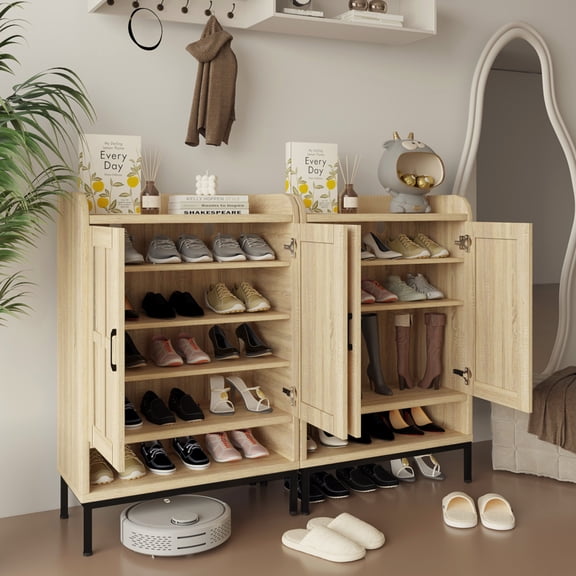 BOCVKENN Shoe Storage Cabinet with Cross Molding Doors, 5-Tier Farmhouse Shoe Cabinet with 3 Adjustable Shelves and Metal Legs, 41.5'' Tall Shoes Rack Organizer Cabinet for Entryway, Front Door