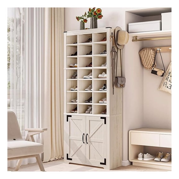 Shoe Storage Cabinet with Doors, 10 Tiers Tall Shoe Cabinet Wood, 30 Pairs Farmhouse Shoes Cubby Organizer, Freestanding Entryway Shoes Rack for Closet, Bedroom, Rustic White SR20914X