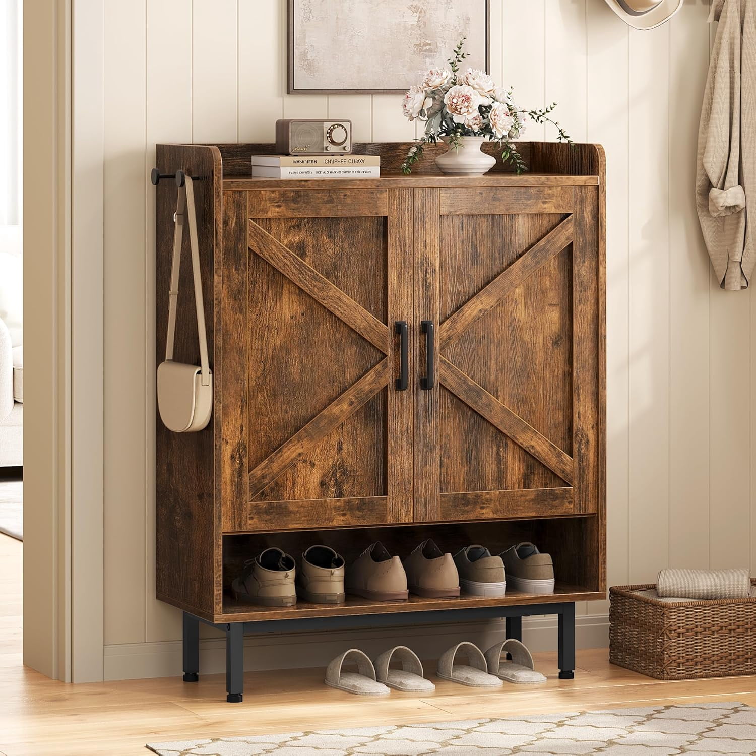 Shoe Storage Cabinet with Doors, Farmhouse Shoe Cabinet with 2 Adjustable Shelves and 4 Side Hooks, Wooden Shoe Rack Organizer Cabinet for Entryway, Foyer, Hallway, Rustic Brown