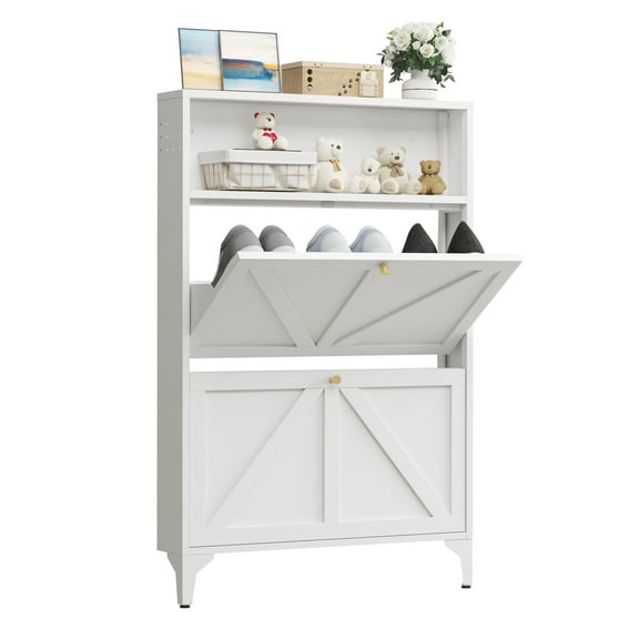 Shoe Storage Cabinet for Entryway with 2 Flip Drawers, Freestanding Shoe Organizer with Legs,Farmhouse Narrow Shoe Storage Cabinet for Entryway, Foyer, Hallway,Living Room