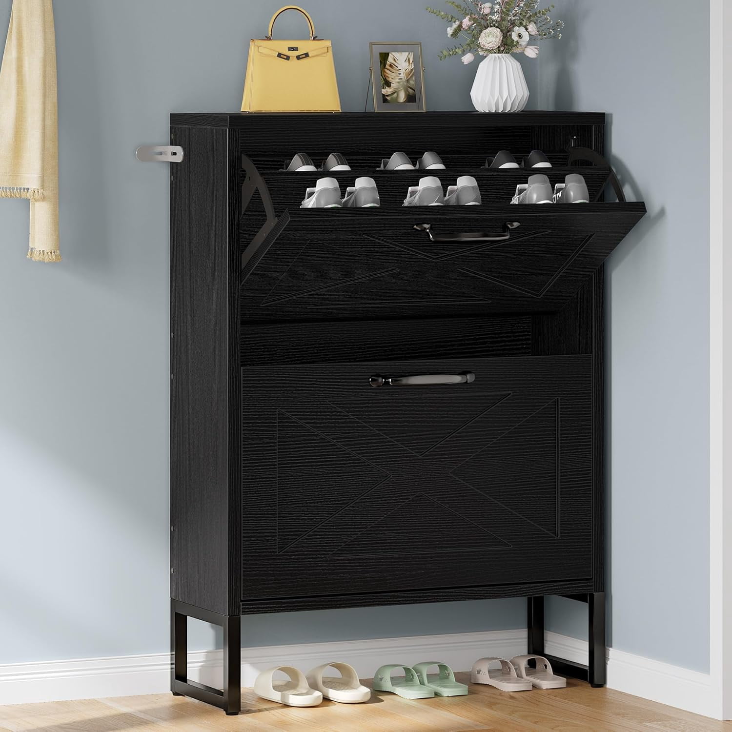 Shoe Storage Cabinet Entryway, 2 Flip Drawers Freestanding Shoe ...