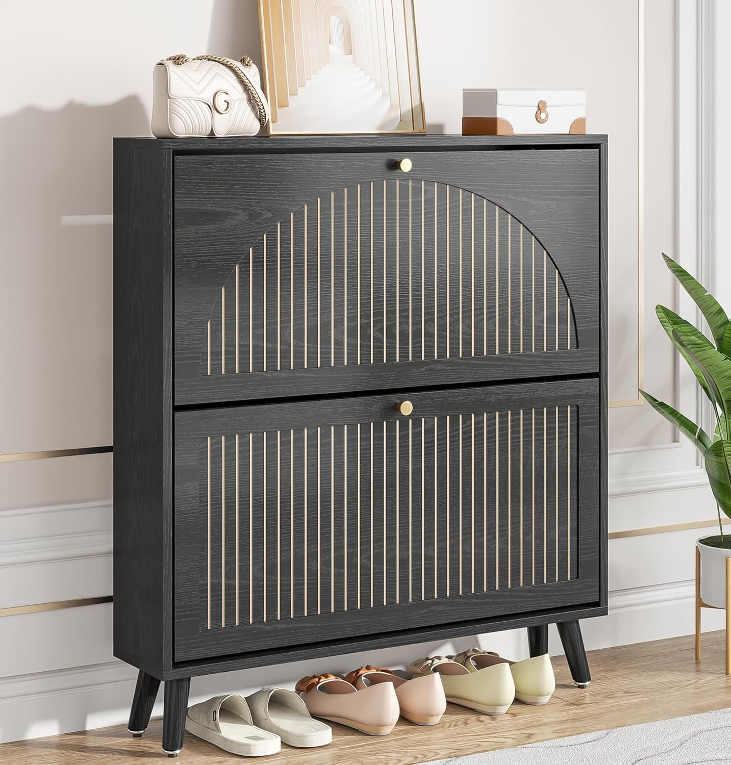 Shoe Storage Cabinet for Entryway with 2 Flip Drawers, Narrow Wood Shoe ...