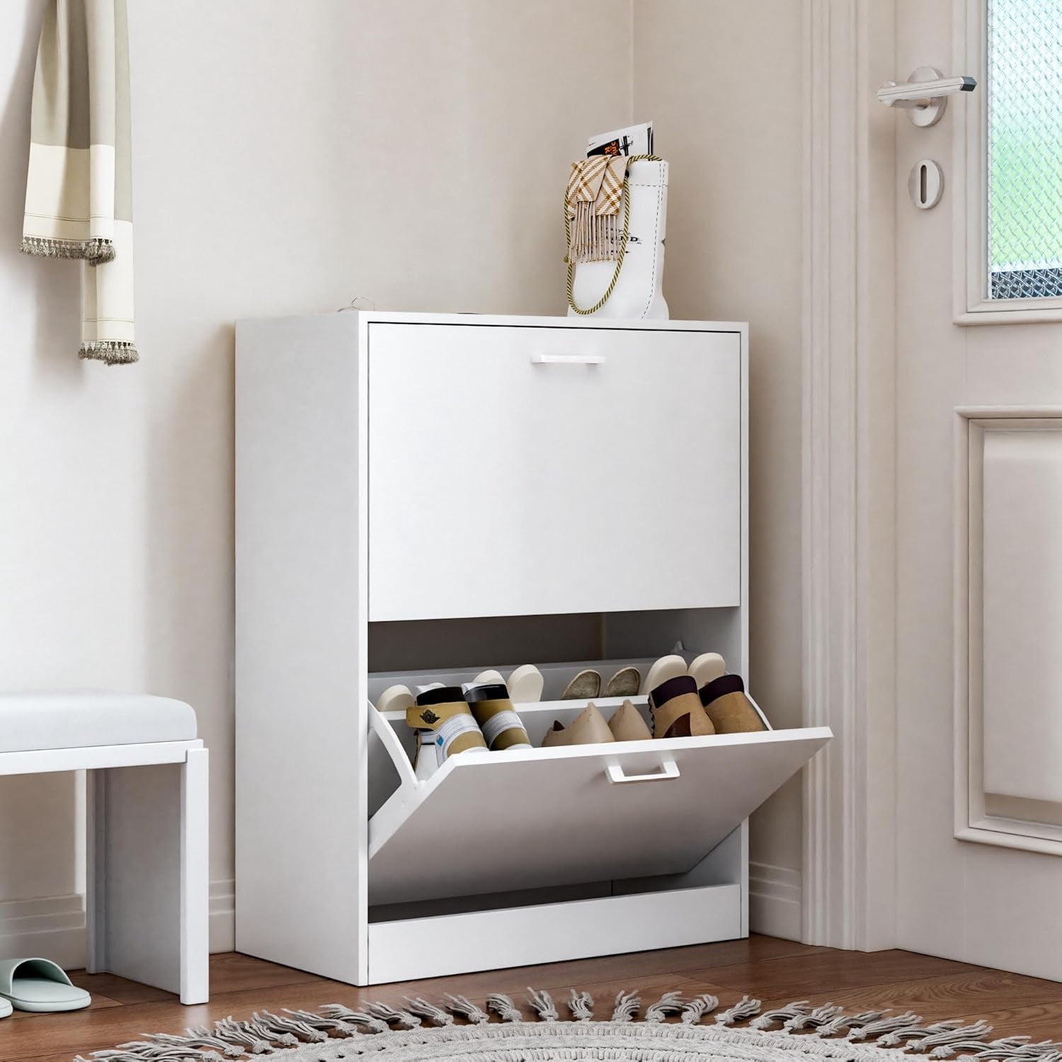 ZBOM Shoe Storage Cabinet for Entryway with 2 Flip Drawers, Sturdy Wood ...