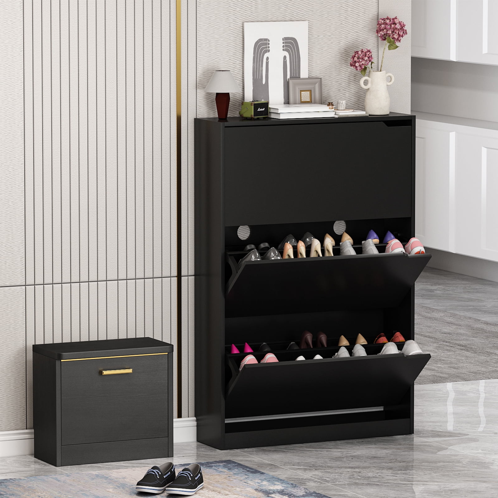 HUANLEGO Shoe Cabinet with 3 Flip Drawers for Entryway Wooden Sturdy Shoes Rack Organizer for Hallway Bedroom Closet Living Room Home Apartment Black Walmart