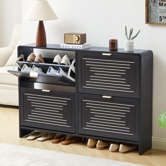 Hanyu Shoe Storage Cabinet for Entryway with 4 Flip Drawers, Narrow Shoe Rack Organizer, Slim Freestanding Wood Hidden Shoe Cabinet with Adjustable Shelf for Hallway, Living Room (Black, 47.24'')