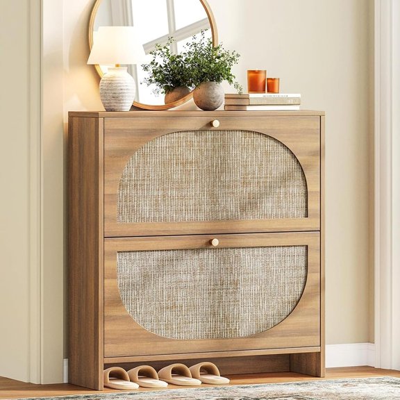 Shoe Storage Cabinet for Entryway, 9.5" Ultra Slim Rattan Flip Shoe Rack- 2 Flip Drawers & 3-Tier Adjustable Shelves,Boho Shoe Organizer for 16-24 Pairs - Fits Size 12 Boots (Oak)