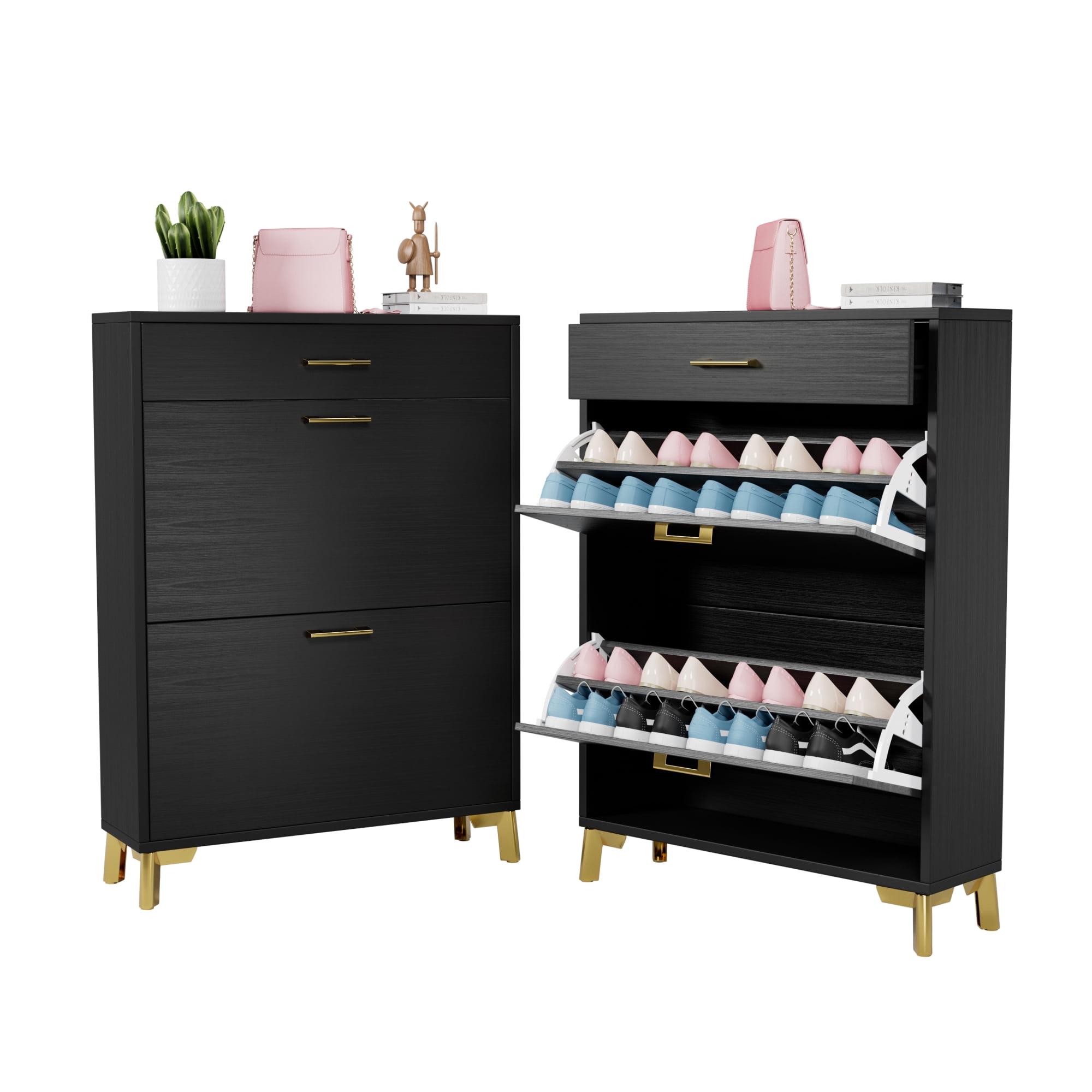 Shoe Storage Cabinet for Entryway, Free Standing Shoe Rack Organizer with 2 Flip Drawers, Hidden Shoe Rack Storage Organizer for Doorway Hallway Closet