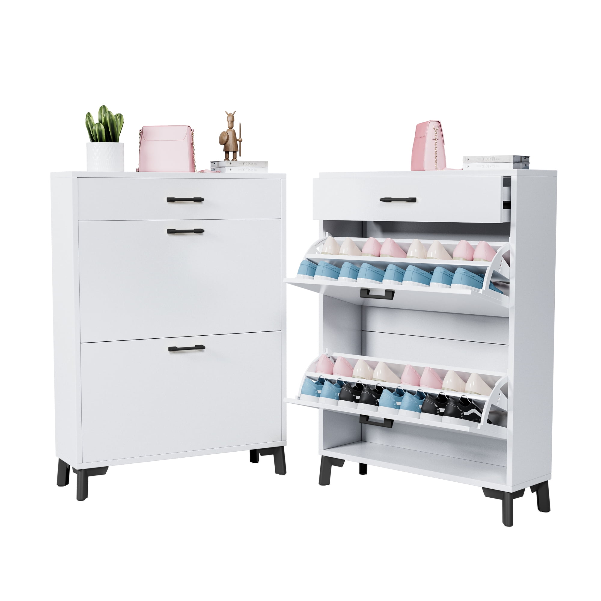 Leumius Shoe Storage Cabinet with 2 Flip Drawers, 32×10×43in, Gray