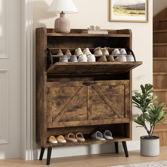 Shoe Storage Cabinet for Entryway, Hidden Shoe Cabinet with 2 Flip Drawers, Free Standing Wooden Shoe Cabinet for Hallway, Narrow Slim Shoe Organizer Shoe Rack