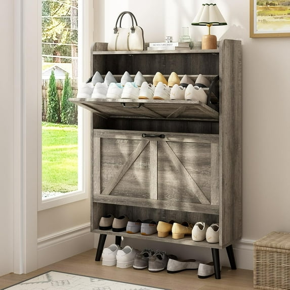 Shoe Storage Cabinet for Entryway, Hidden Shoe Cabinet with 2 Flip Drawers, Narrow Slim Shoe Cabinet for Hallway, Free Standing Wooden Shoe Organizer Shoe Rack, Light Rustic Grey