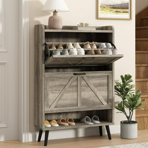 Shoe Storage Cabinet for Entryway, Large Shoe Cabinet with 2 Flip Drawers, Narrow Shoe Rack Cabinet, Slim Hidden Shoe Storage, Wooden Shoe Organizer Rack, Light Rustic Grey