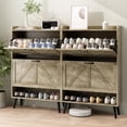 thumbnail image 1 of Shoe Storage Cabinet for Entryway, Set of 2, Hidden Shoe Cabinet with 2 Flip Drawers, Narrow Slim Shoe Cabinet for Hallway, Free Standing Wooden Shoe Organizer Shoe Rack, Rustic Oak, 1 of 16