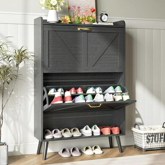 Shoe Storage Cabinet for Entryway, Shoe Cabinet with 2 Flip Drawers, Narrow Shoe Cabinet, Hidden Shoe Rack Cabinet, Free Standing Wooden Shoe Organizer, Black