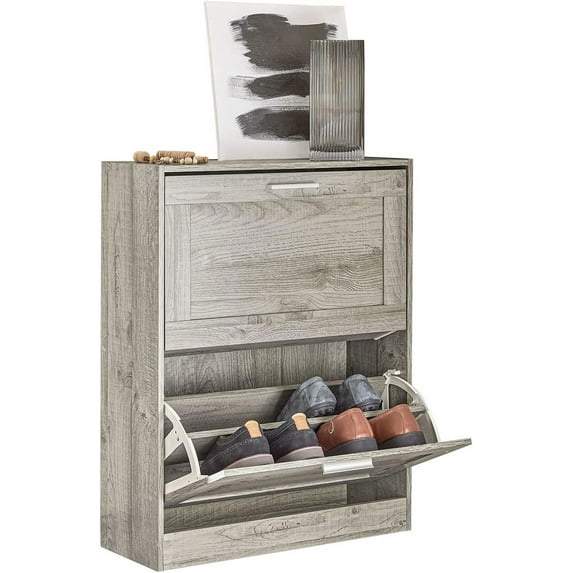 Shoe Storage Cabinet Entryway, Slim Shoe Rack Freestanding, Narrow Shoe Organizer 2 Flip-Drawers Shoe Cupboard for Mudroom Front Door Entrance Hallway Bedroom, FSR137 (Grey)
