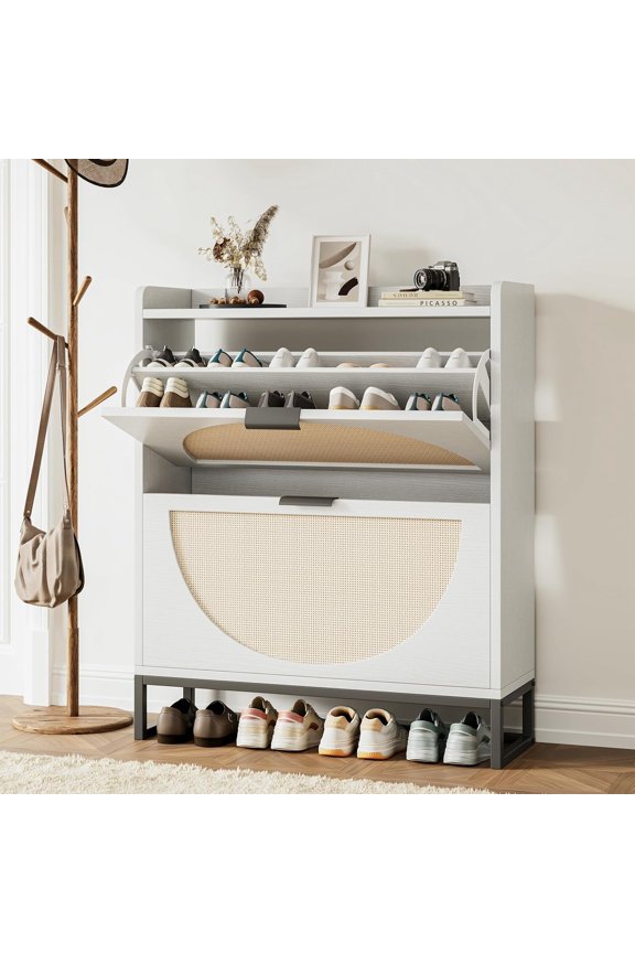 Shoe Storage Cabinet for Entryway Wooden Rattan Large Shoes Cabinet with Hidden 2 Flip Drawers Shoe Organizer Narrow Shoe Storage Rack for Entryway,Hallway White