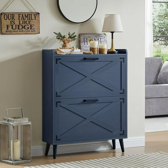 Shoe Storage Cabinet,Farmhouse Shoe Organizer with 2 Flip Drawers & Barn Door Design,Freestanding Hidden Slim Narrow Shoe Rack Cabinet for Entryway,Foyer,Hallway,Navy Blue