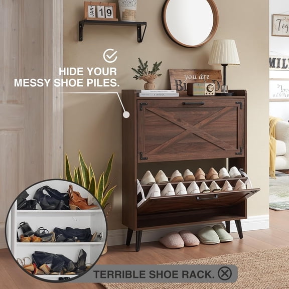 Shoe Storage Cabinet,Farmhouse Shoe Organizer with 2 Flip Drawers & Barn Door Design,Freestanding Hidden Slim Narrow Shoe Rack Cabinet for Entryway,Foyer,Hallway,Walnut