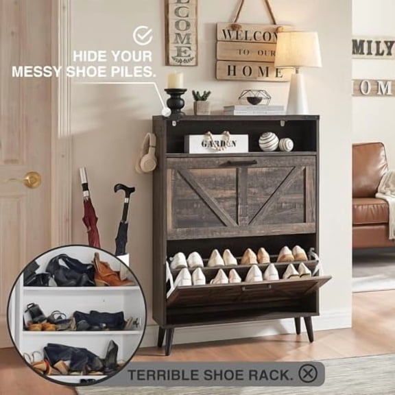 Shoe Storage Cabinet,Farmhouse Shoe Organizer with 2 Flip Drawers & Barn Door Design,Freestanding Hidden Slim Narrow Shoe Rack Cabinet with Open Storage for Entryway, Foyer,Hallway