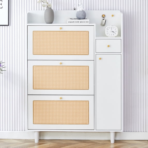 Shoe Storage Cabinet For Entryway, Free Standing Shoe Storage Organizer With 3 Flip Drawers, 1 Door And 1 Storage Drawer For Heels, Boots, Slippers