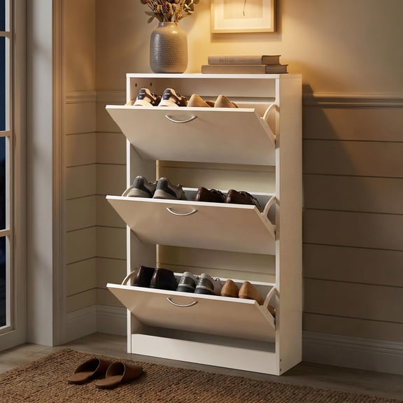 Shoe Storage Cabinet, Freestanding Footwear Organizer Cupboard, Slim Entryway Flip Down Drawer Rack With Concealed Compartments, Modern Minimalist Style, White, 1 Pack