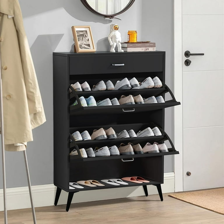 Shoe Storage Cabinet for Entryway Slim, White Wood Shoe Rack Organizer with  4 Flip Mirror Drawers, Freestanding Modern Narrow Shoes Storage Cabinet