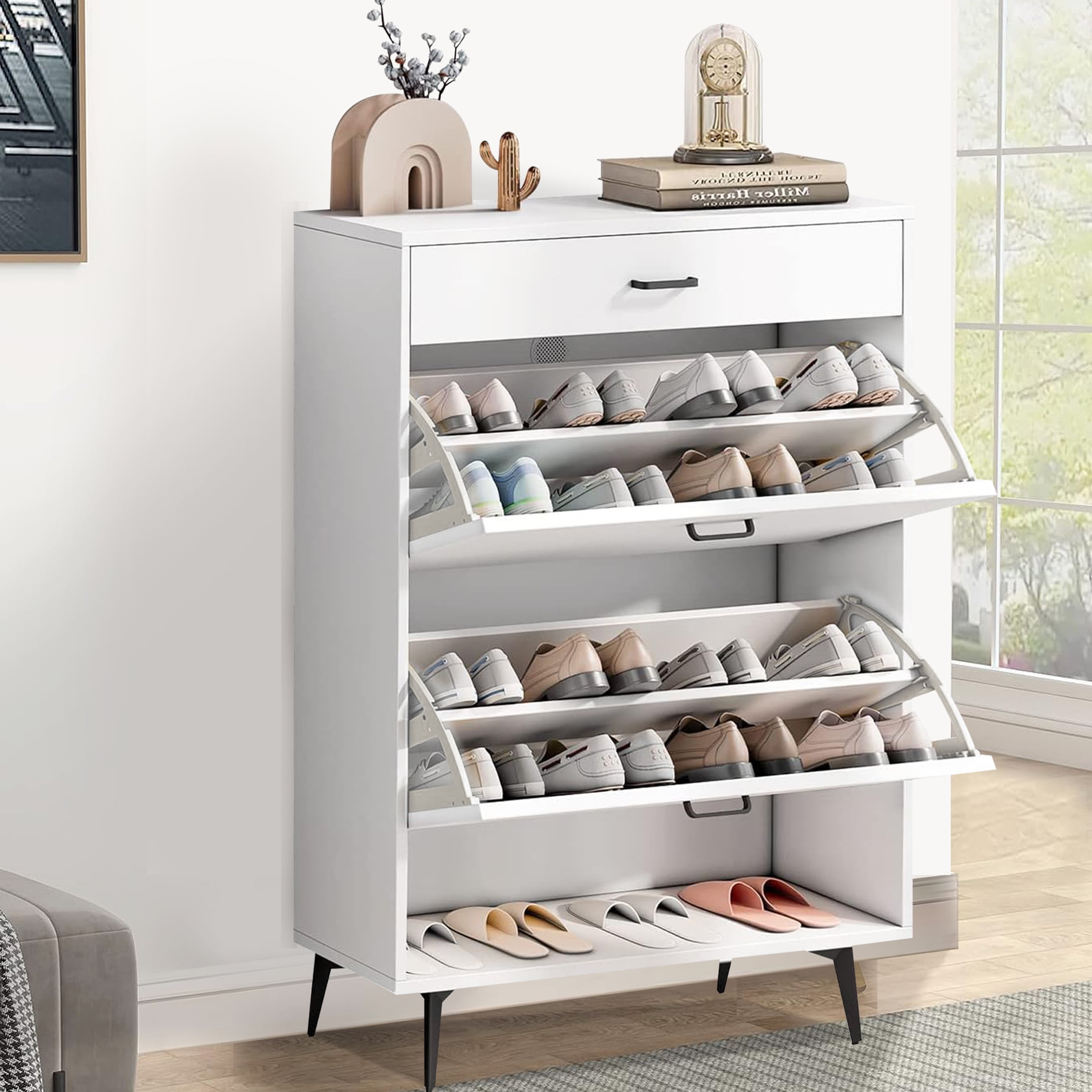 Buy Tribesigns Shoe Cabinet, Flip Drawers Shoe Storage Cabinet For Entryway With 3 Flip Drawers And 5 Shelves White Golden Freestanding Shoes Cabinet For Closet Living Room Bedroom White Golden
