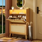 LED Shoe Cabinet with 2 Flip Drawers, Wood 20Pair Shoe Storage Cabinet with Lights for Entryway, Modern Shoe Rack Organizer for Living Room, Rattan Door Design, Brown