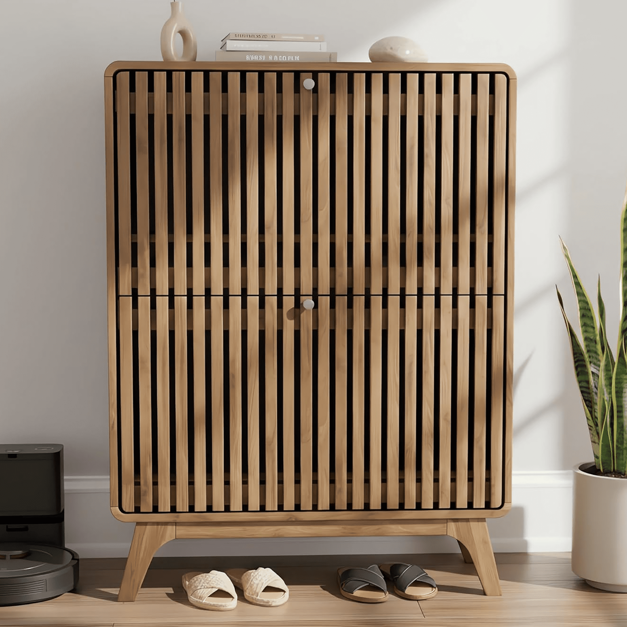 Shoe Storage Cabinet, Hidden Shoe Cabinet with 2 Flip Drawers, Narrow Shoe Organizer Cabinet for Entryway, Walnut