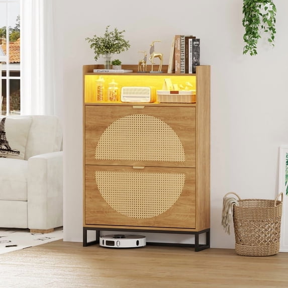 Shoe Storage Cabinet,Rattan Shoe Cabinet with 2 Flip Drawers & Sensor Light,Free Standing Wooden Shoe Organizer,Narrow Shoe Rack Cabinet for Entryway,Hallway