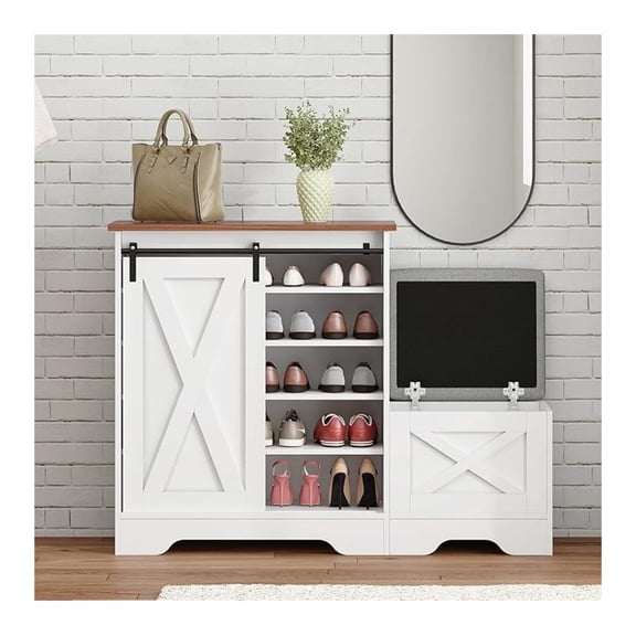 Shoe Storage Cabinet with Shoe , 5-Tier Shoe Storage Cabinet with Adjustable Shelves, Narrow Slim Shoe Organizer with Sliding Door for Entryway, Hallway, Living Room (Oak & White)