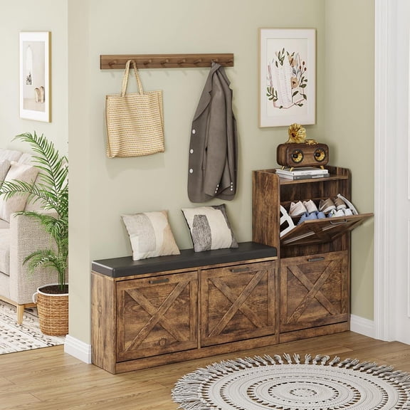 Shoe Storage Cabinet with Shoe Bench Left and Right Adjustable 4 Flip Drawers Padded Seat Cushion Shoe Cabinet for Entryway Narrow Hallway Bench Shoe Storage Rustic Brown