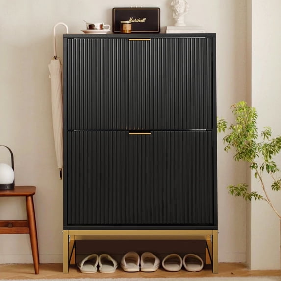 Shoe Storage Cabinet, Shoe Cabinet with 2 Flip Drawers, Narrow Shoe Rack Organizer for Entryway (Black)