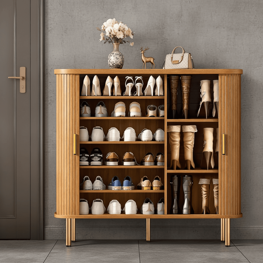 Shoe Storage Cabinet with Sliding Door, 6-Tier Shoe Cabinet with Adjustable Shelves, Mid-Century Modern Freestanding Shoe Storage Organizer for Entryway, Hallway, Living Room (Yellow)