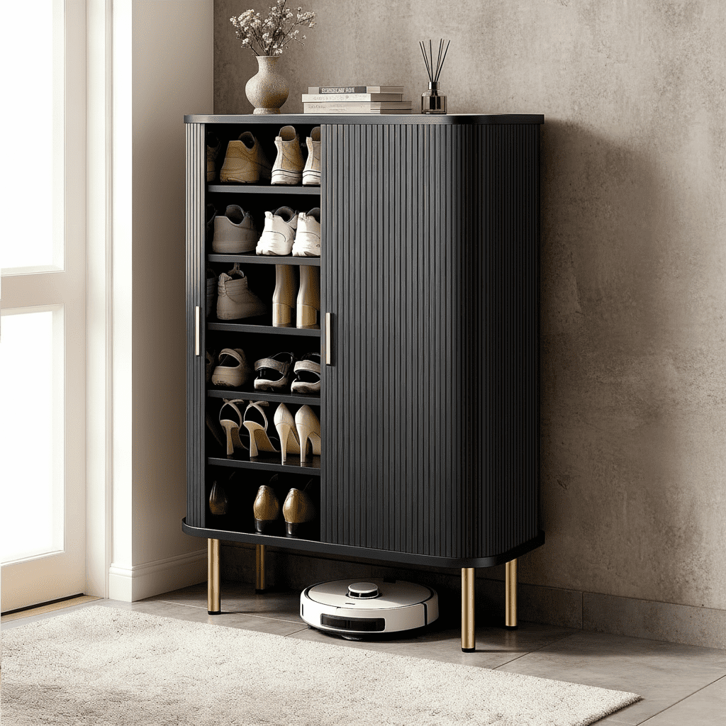 Shoe Storage Cabinet with Sliding Door, 6-Tier Shoe Cabinet with Adjustable Shelves, Mid-Century Modern Freestanding Shoe Storage Organizer for Entryway, Hallway, Living Room (Black)