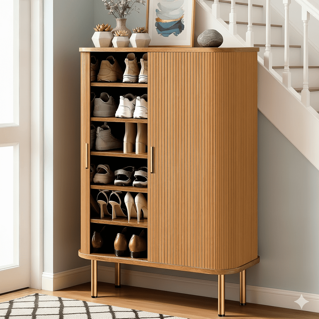 TiramisuBest Shoe Storage Cabinet with Sliding Door, 31.5" Mid-Century Modern Shoe Rack for Entryway, 6-Tier Shoes Organizer with Adjustable Shelves for Hallway & Living Room (Yellow)