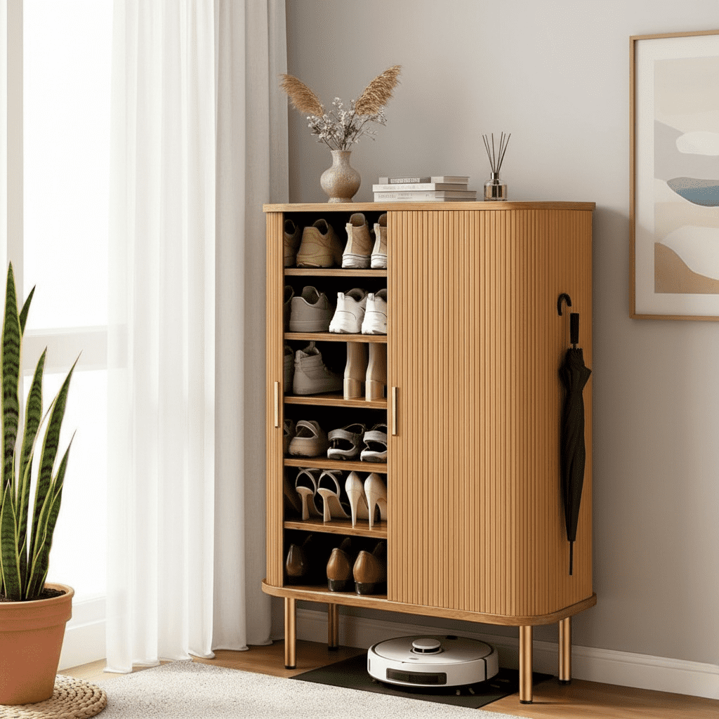 Howcool Shoe Storage Cabinet with Sliding Doors, 6-Tier Mid-Century Modern Shoe Rack Organizer with Adjustable Shelves, 31.5" Freestanding Unit for Entryway & Hallway, Black